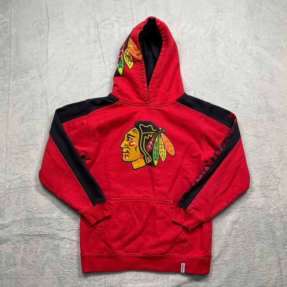 Reebok Chicago Blackhawks Hoodie Kids Size M 10/12 Red Black NHL Pullover